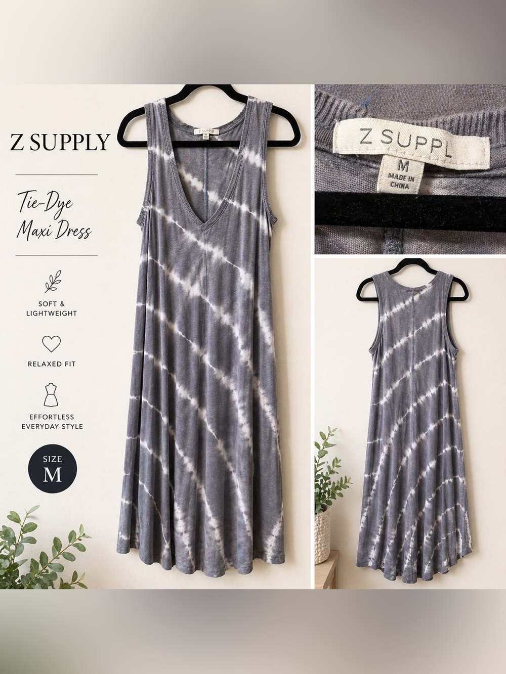 Z Supply Gray & White Tie-Dye V-Neck Swing Dress